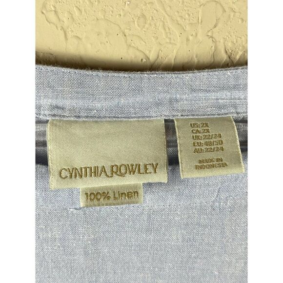 Cynthia Rowley Linen Side Wooden Buttons Short Sleeve Round Neck Blouse 2X Blue - Picture 6 of 8